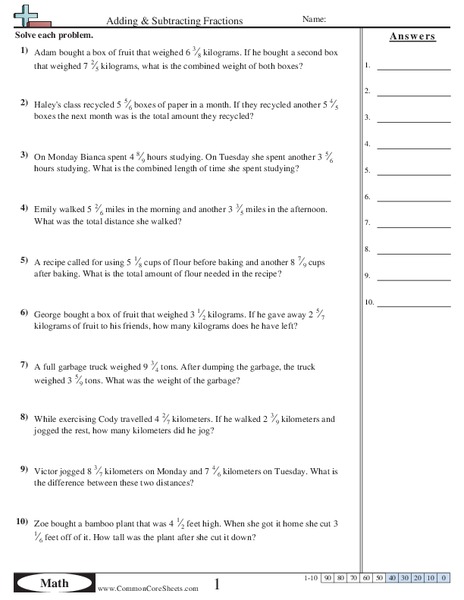 Adding and Subtracting Fractions Worksheet
