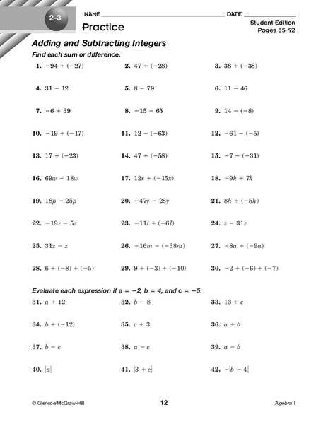 Adding and Subtracting Integers Worksheet