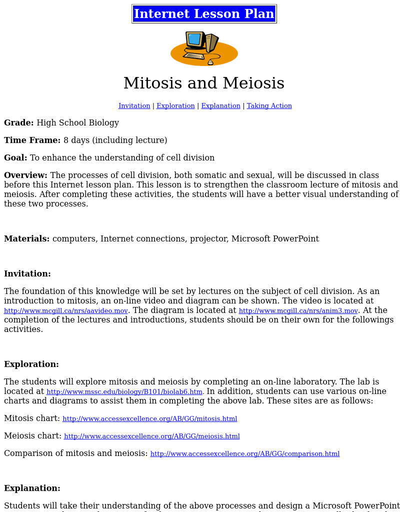 Internet Lesson Plan: Mitosis and Meiosis Lesson Plan