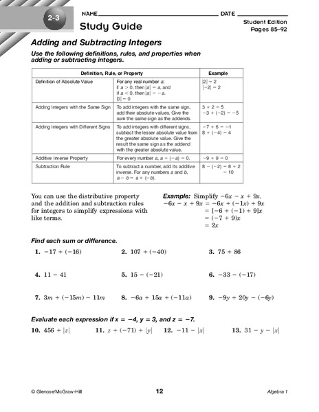 Adding and Subtracting Integers Worksheet