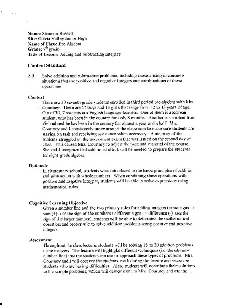 Adding and Subtracting Integers Lesson Plan