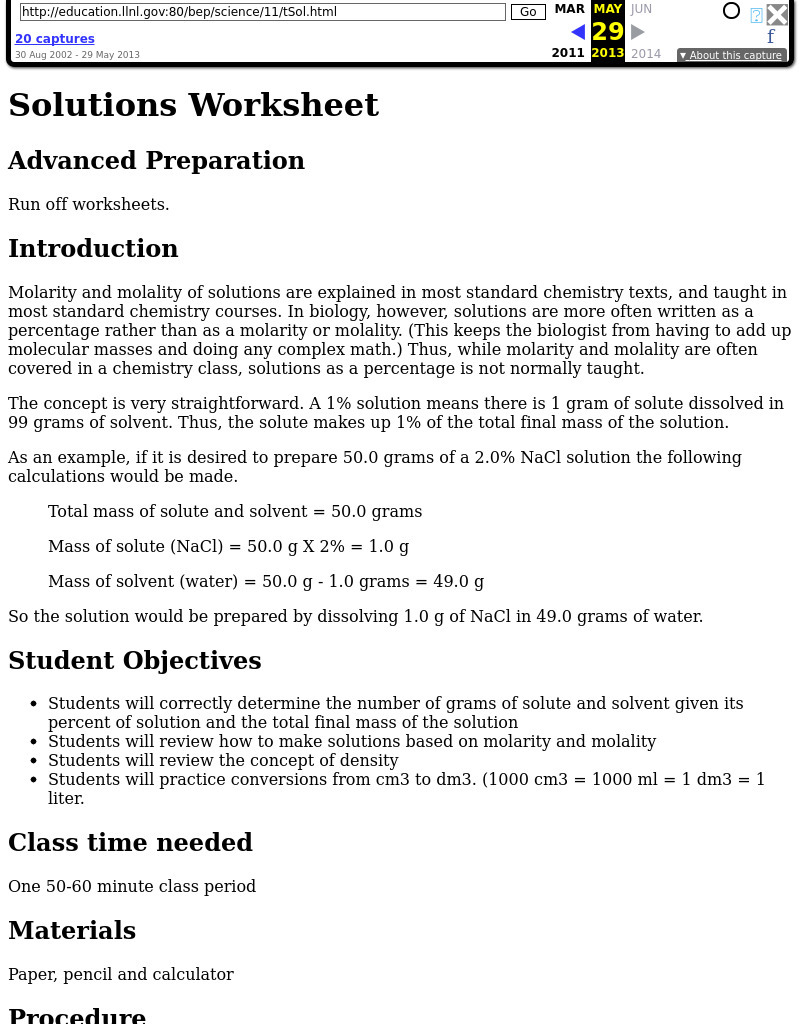 Solutions Worksheet Lesson Plan