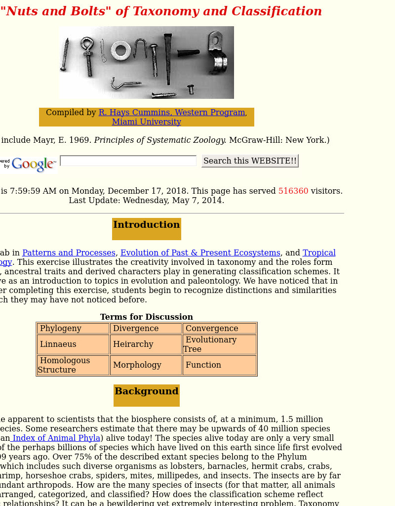 The "Nuts and Bolts" of Taxonomy and Classification Lesson Plan