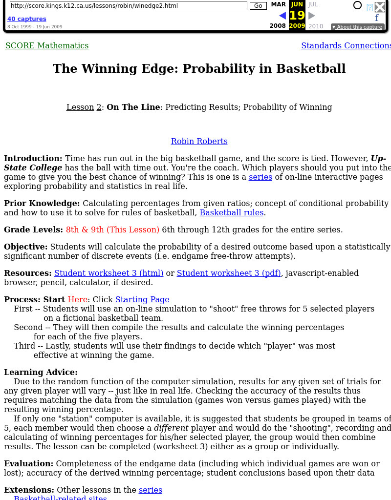 The Winning Edge: Probability in Basketball: Lesson 2 Lesson Plan