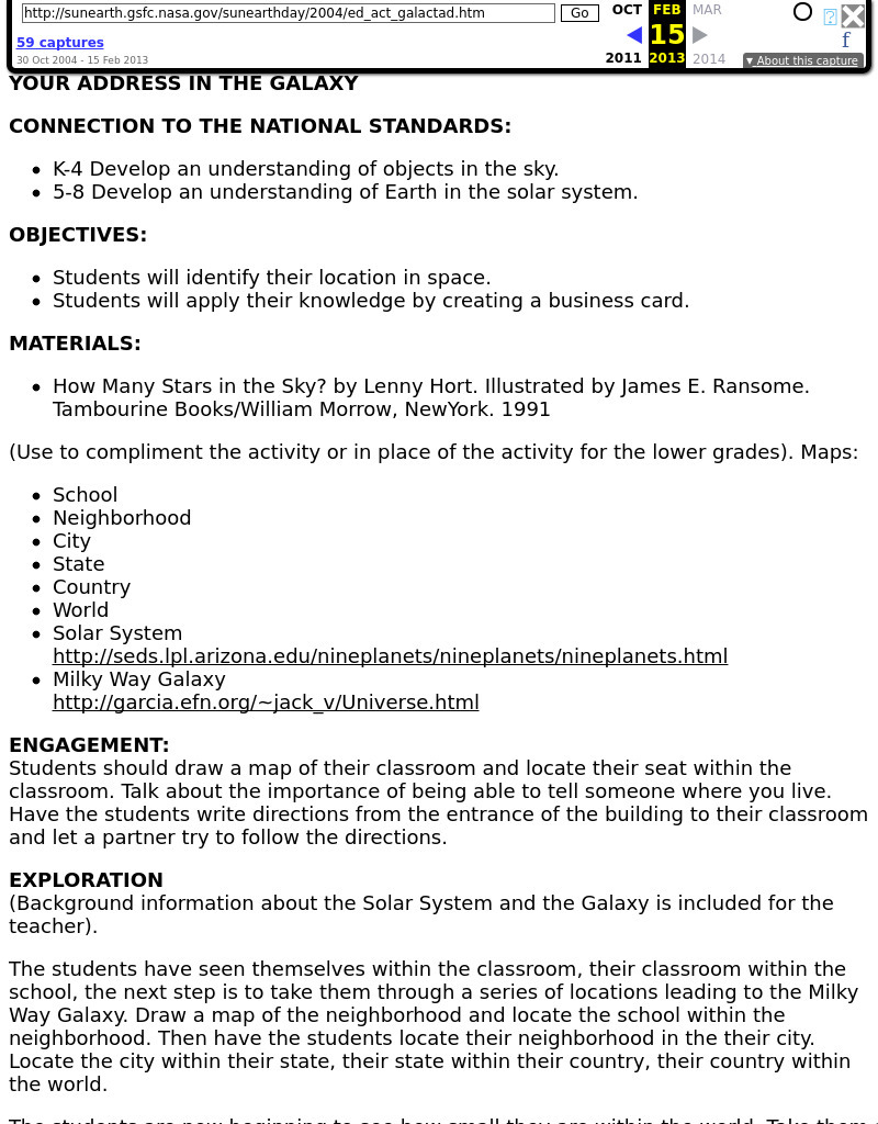Your Address in the Galaxy Lesson Plan