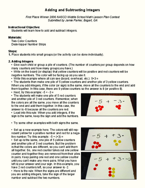 Adding and Subtracting Integers Lesson Plan