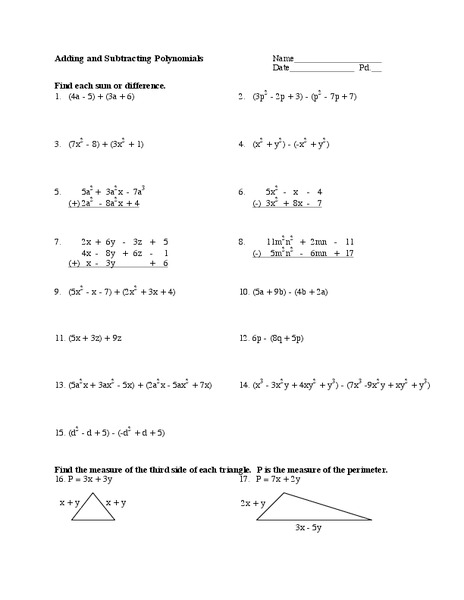 Adding and Subtracting Polynomials Worksheet
