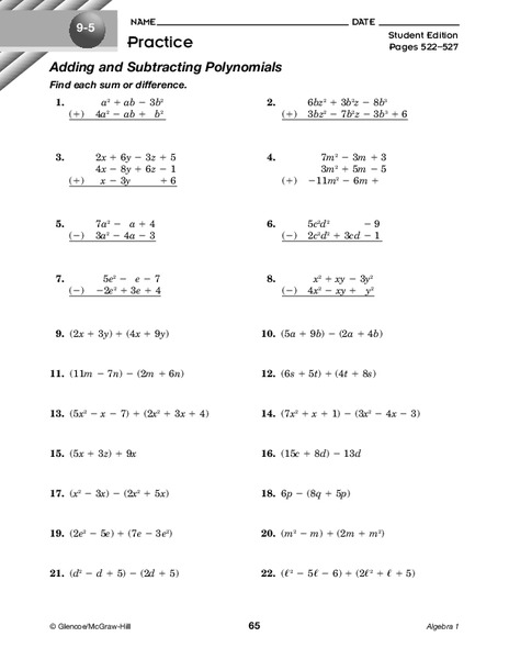 Adding and Subtracting Polynomials Worksheet