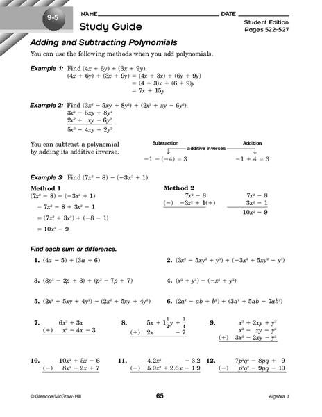 Adding and Subtracting Polynomials Worksheet
