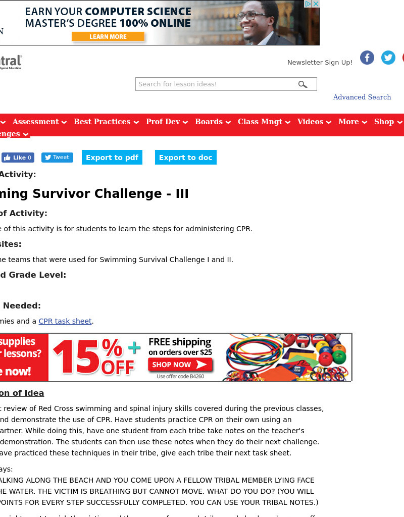 Swimming Survivor Challenge - III Lesson Plan