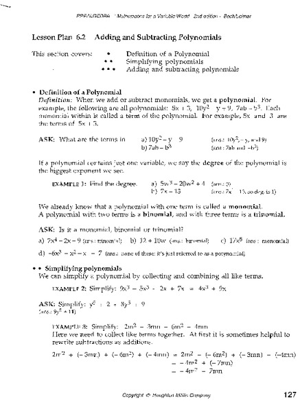 Adding and Subtracting Polynomials Lesson Plan