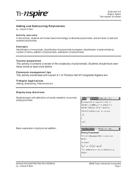Adding and Subtracting Polynomials Lesson Plan