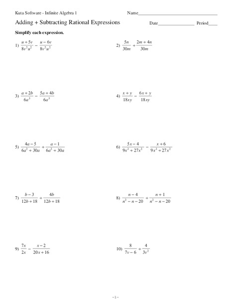 Adding and Subtracting Rational Expressions Worksheet