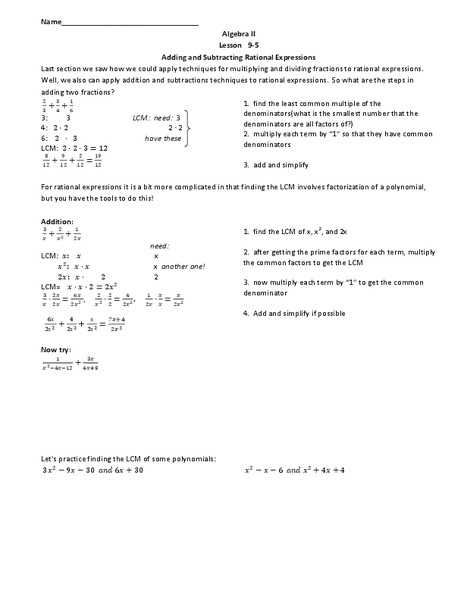 Adding and Subtracting Rational Expressions Worksheet