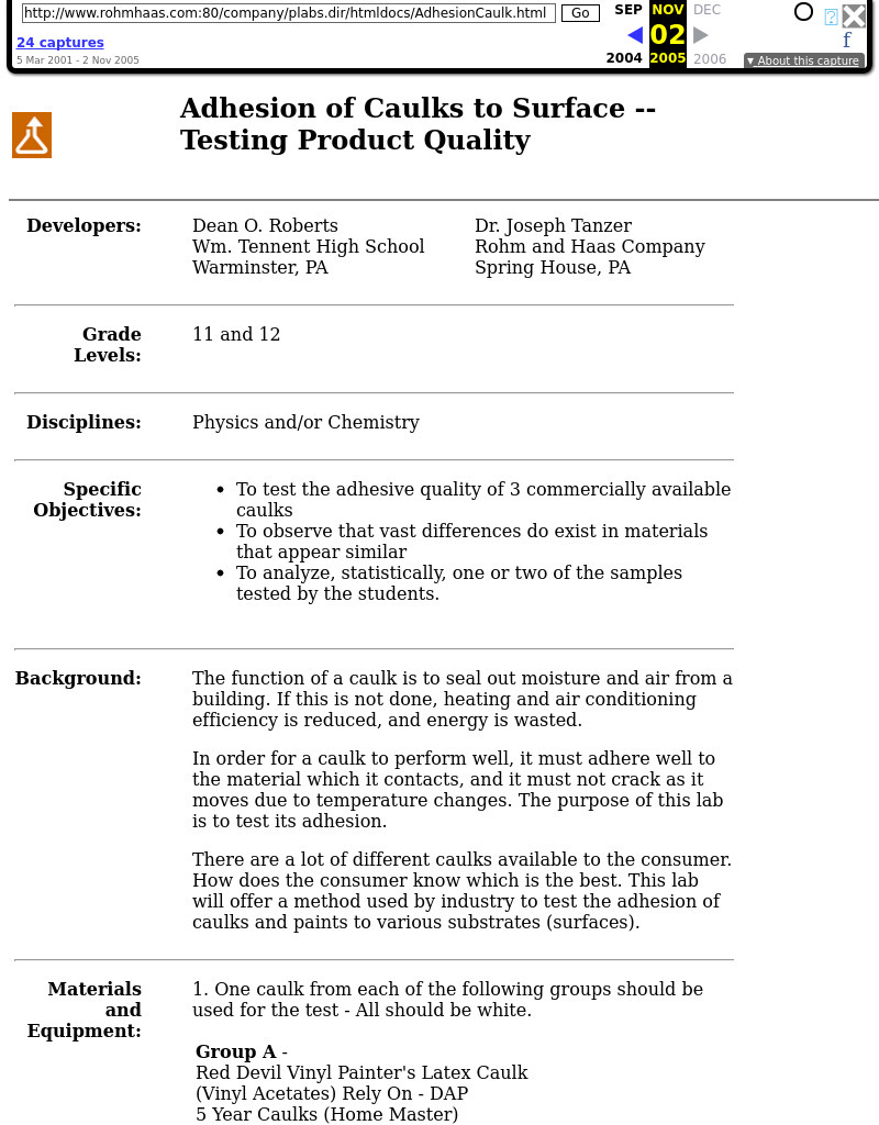 Adhesion of Caulks to Surface -- Testing Product Quality Lesson Plan
