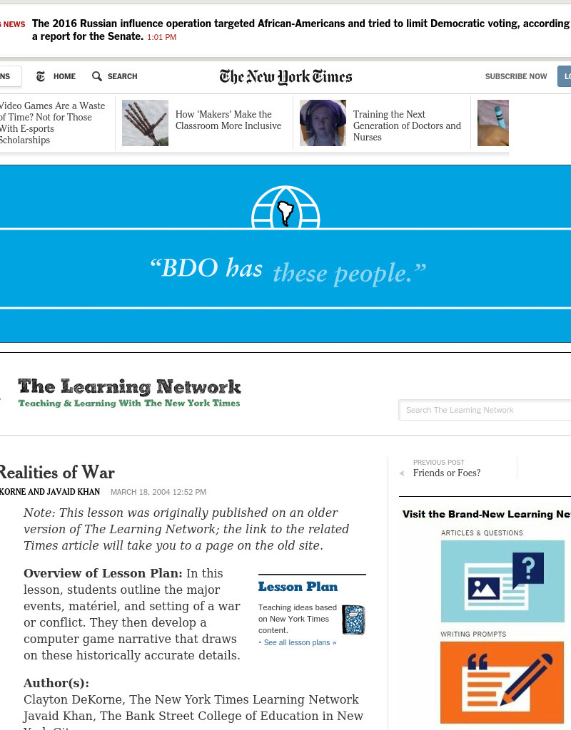 Virtual Realities of War Lesson Plan