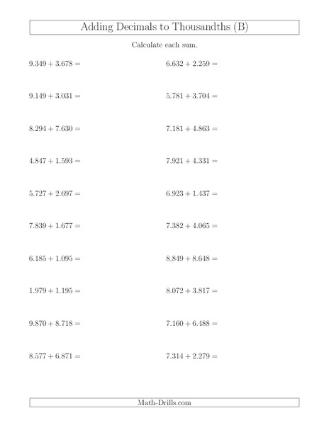 Adding Decimal Thousandths (B) Worksheet