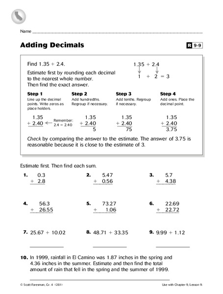 Adding Decimals Worksheet