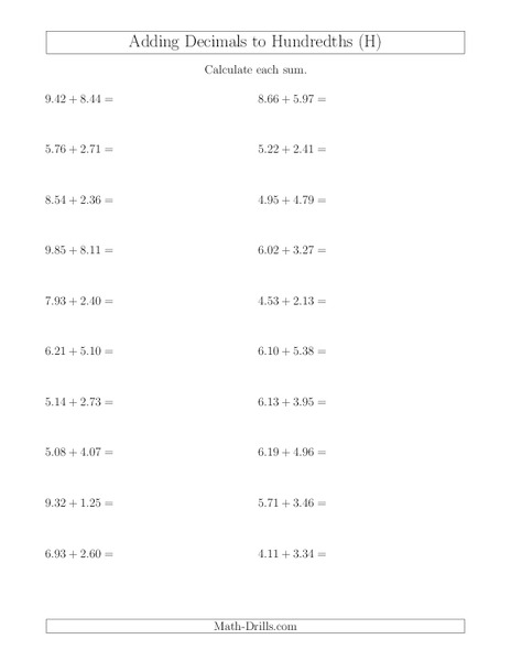 Adding Decimal Thousandths (B) Worksheet