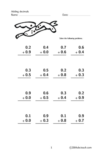 Adding Decimals Worksheet