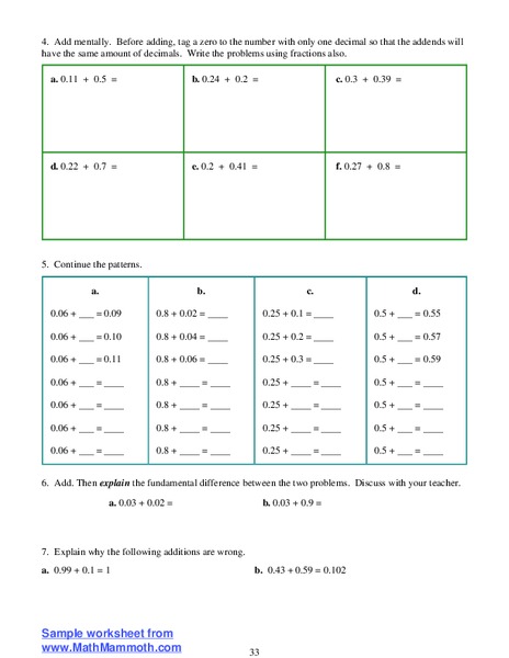 Adding Decimals Worksheet