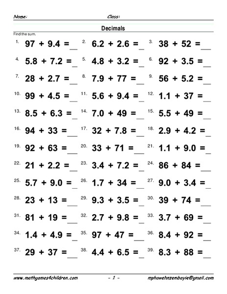 Adding Decimals Worksheet