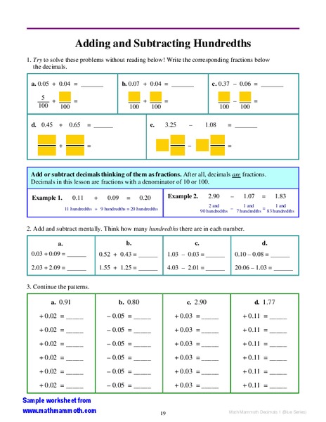 Adding Decimals with Hundredths Worksheet