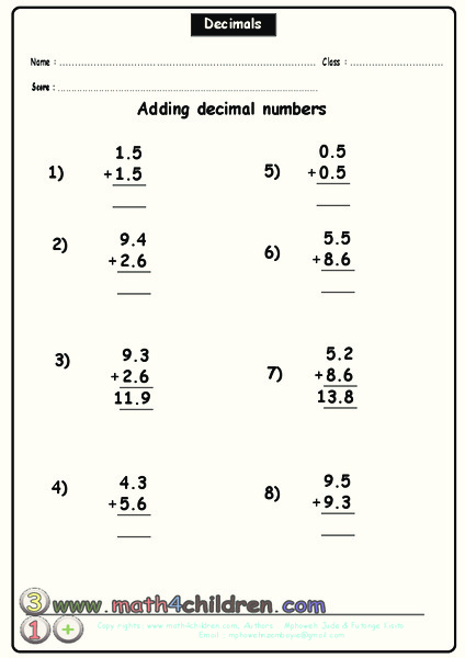 Adding Decimal Numbers Worksheet