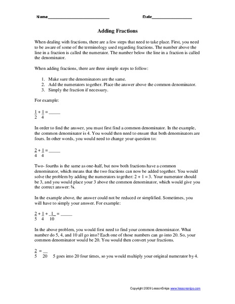 Adding Fractions Worksheet