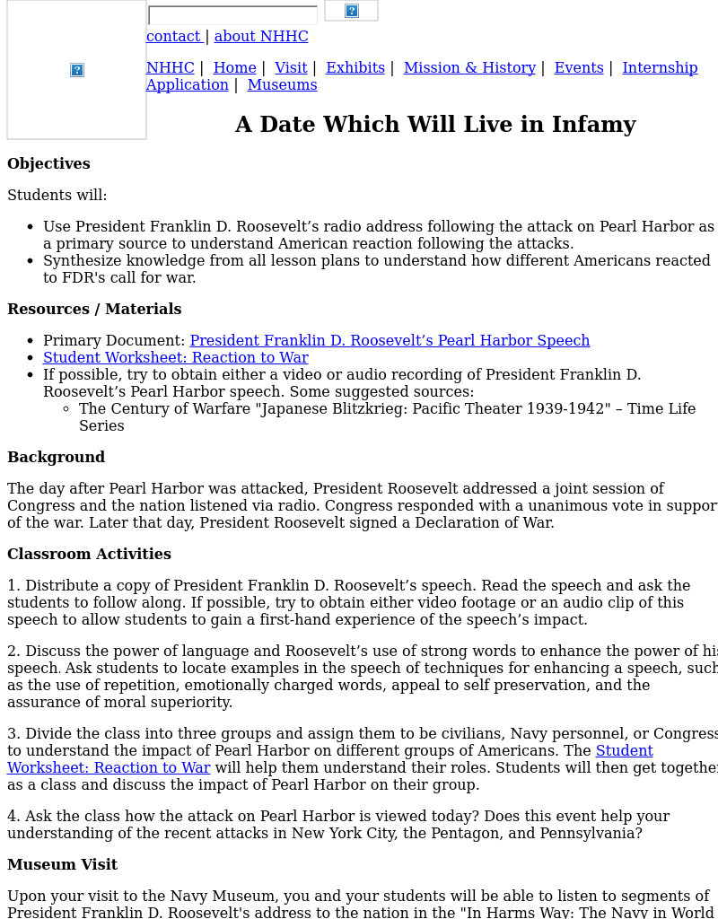 A Date Which Will Live In Infamy Lesson Plan