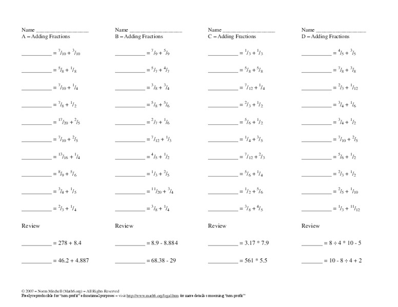 Adding Fractions Worksheet