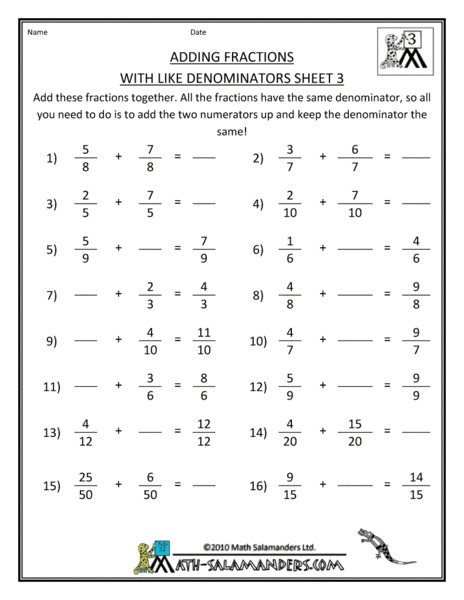 Adding Fractions with Like Denominators Sheet 3 Worksheet