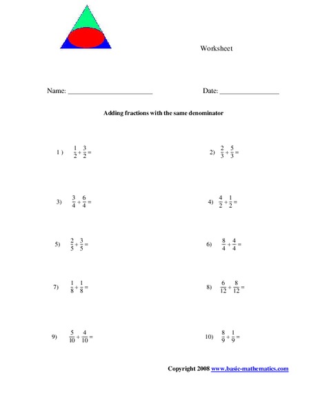 Adding Fractions with the Same Denominator Worksheet