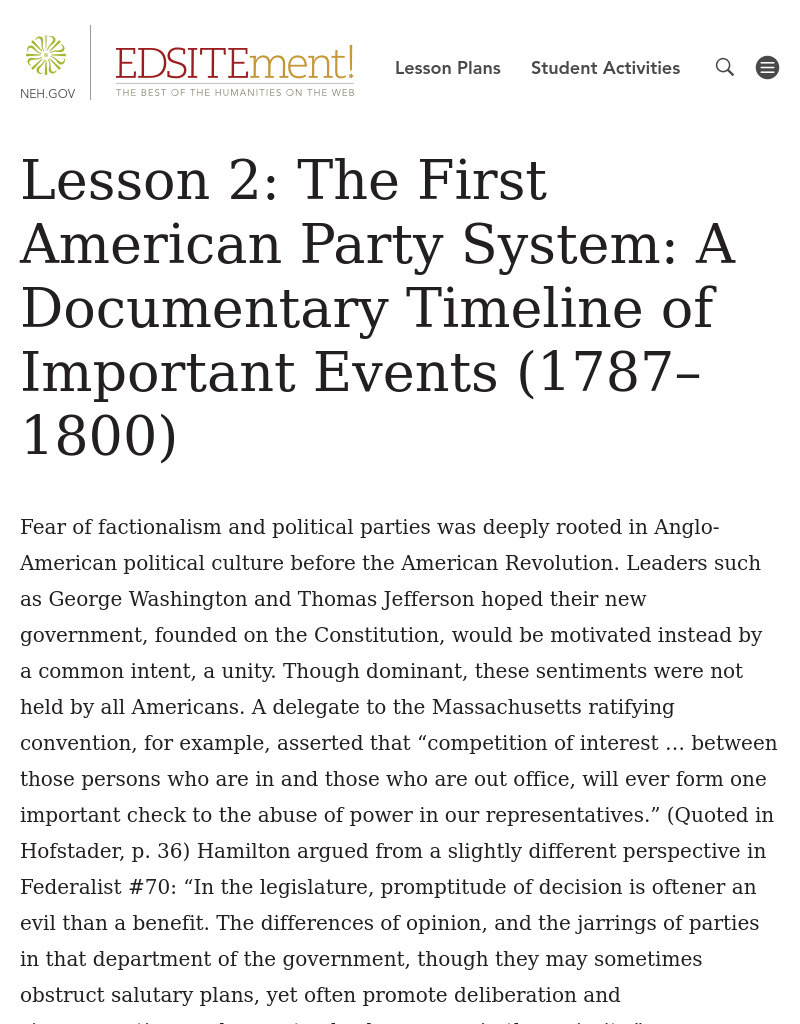 The First American Party System: A Documentary Timeline of Important Events (1787-1800) Lesson Plan