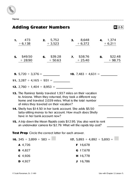 Adding Greater Numbers Worksheet