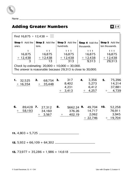 Adding Greater Numbers Worksheet
