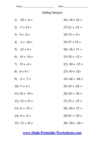 Adding Integers Worksheet