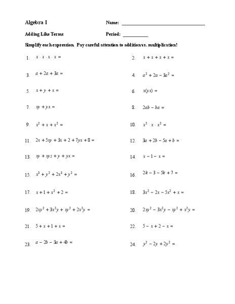 Adding Like Terms Worksheet