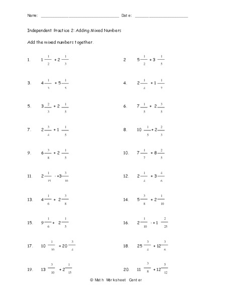 Adding Mixed Numbers Worksheet