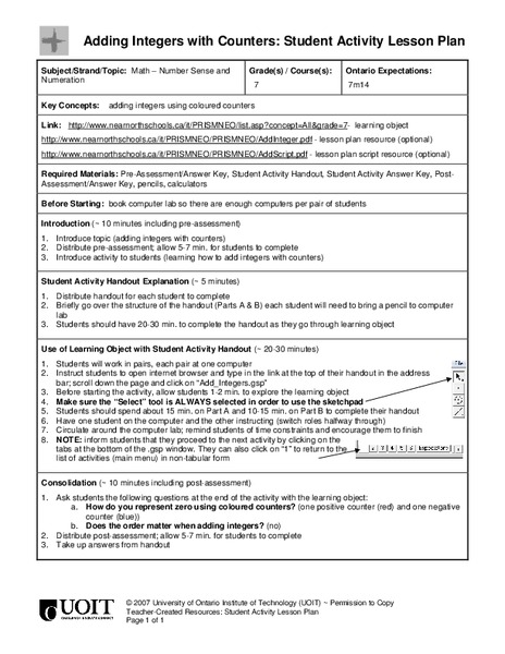 Adding Integers with Counters Lesson Plan