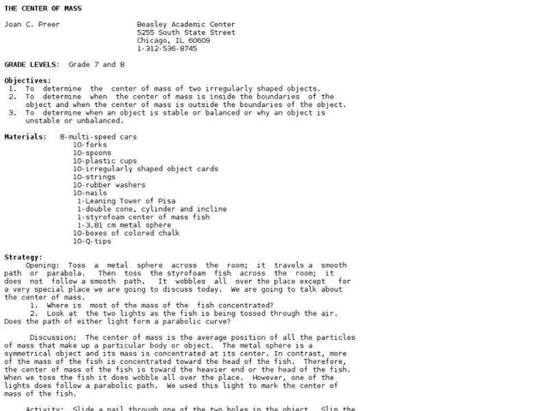 The Center of Mass Lesson Plan