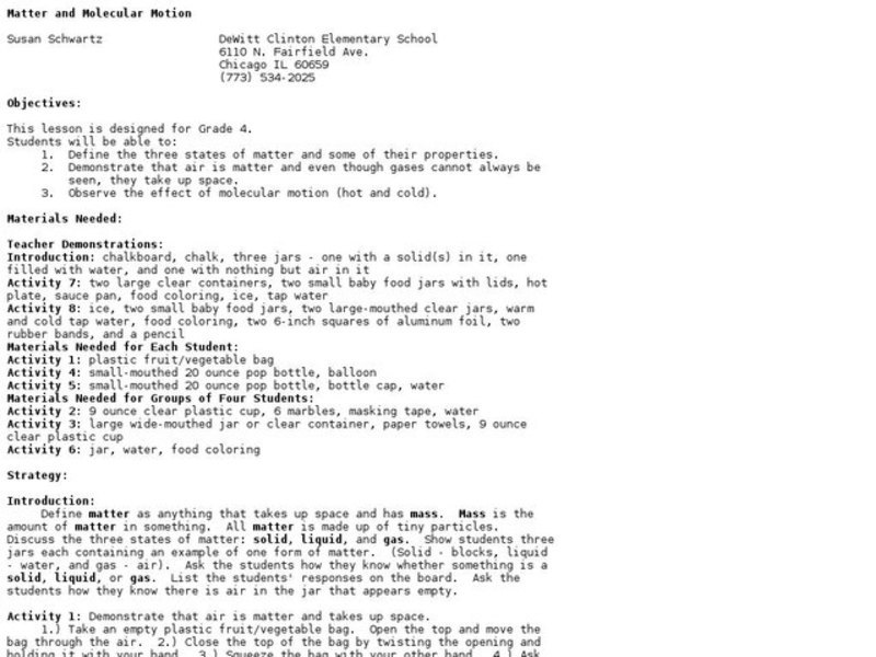 Matter and Molecular Motion Lesson Plan