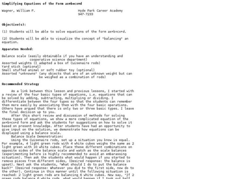 Simplifying Equations of the Form ax+b=cx+d Lesson Plan