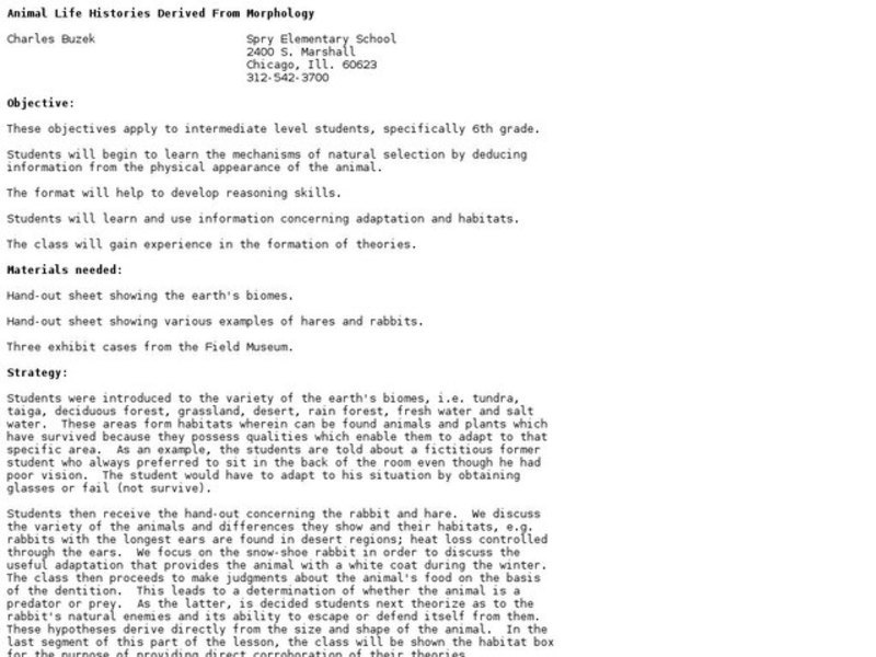 Animal Life Histories Derived From Morphology Lesson Plan