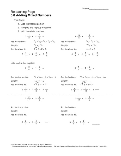 Adding mixed numbers Worksheet