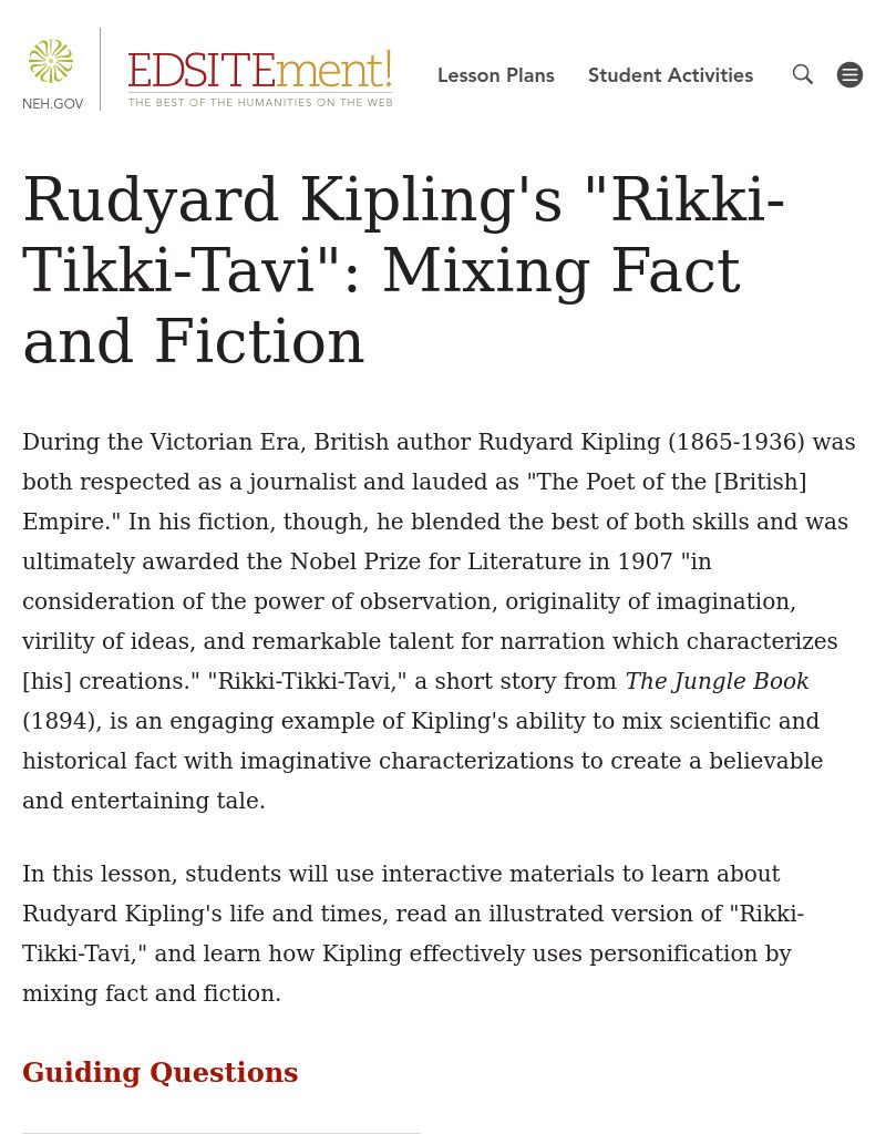 Rudyard Kipling's "Rikki-Tikki-Tavi": Mixing Fact and Fiction Lesson Plan