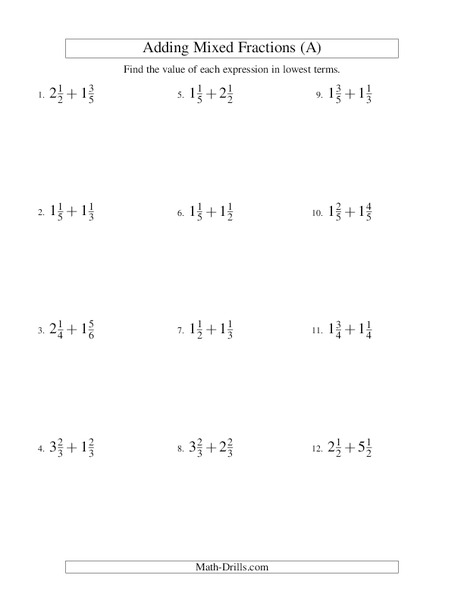 Adding Mixed Numbers (1) Worksheet