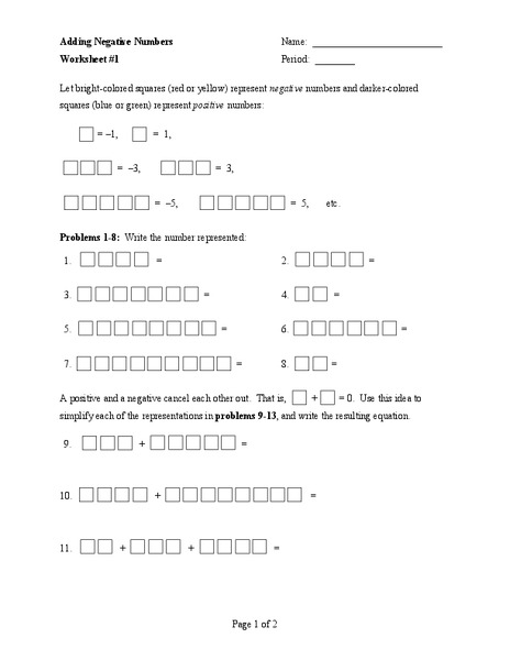 Adding Negative Numbers Worksheet