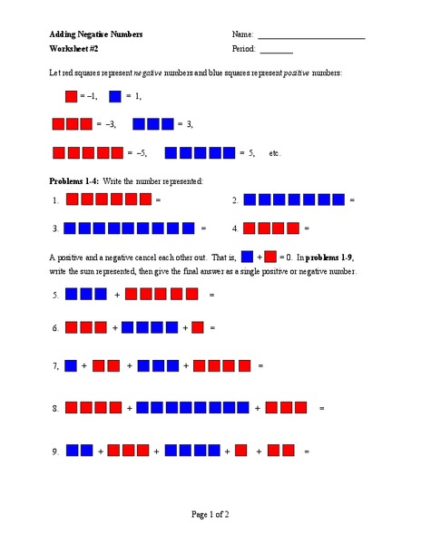 Adding Negative Numbers Worksheet