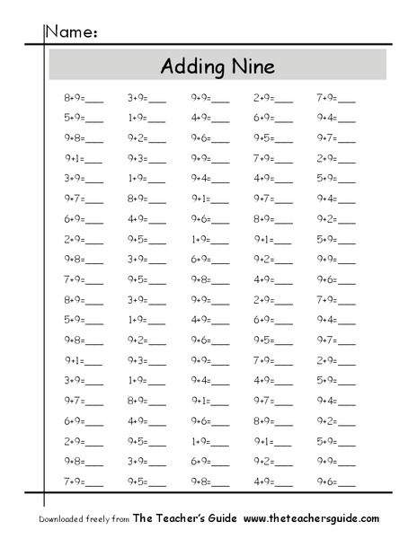 Adding Nine Worksheet
